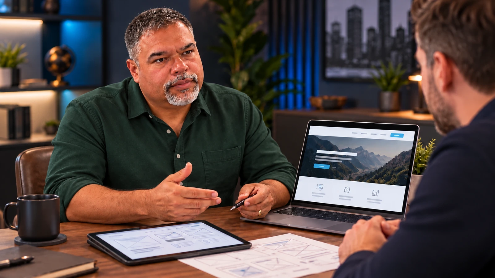 Illustrative scene of Richard Mauri planning a website and online presence with a business owner