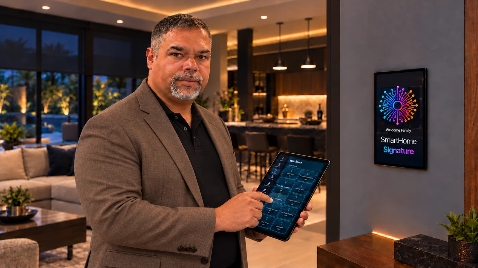 Illustrative scene of Richard Mauri using a SmartHome tablet beside a wall-mounted Home Lighting interface