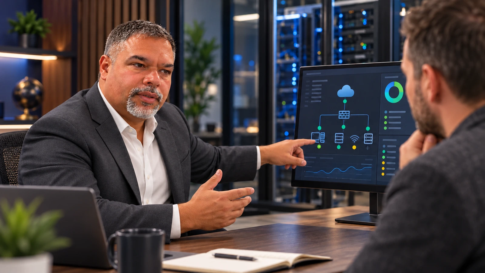 Illustrative portrait of Richard Mauri consulting with a business owner about Managed IT