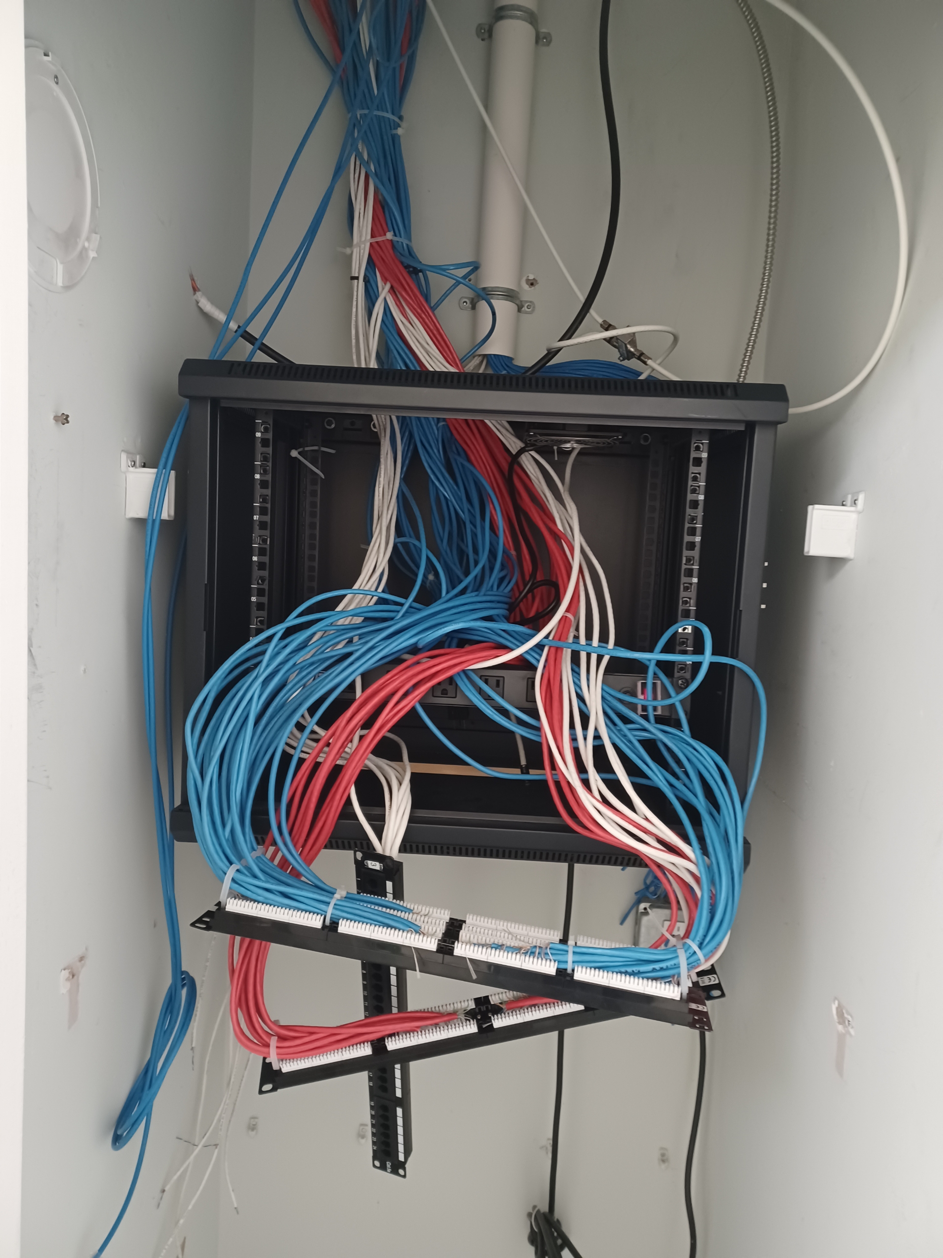 Network closet before professional cable management
